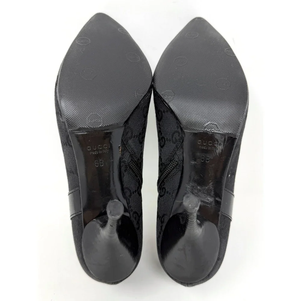 Vintage Gucci GG Monogram Pointed Toe Ankle Boots Heels Black Gold 6B